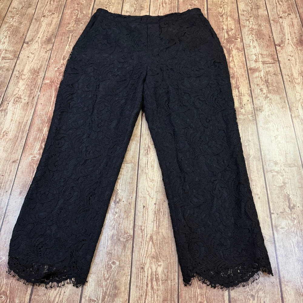 Draper James Lace Cropped Pants Womens Small Black Scalloped Hem Elastic Waist
